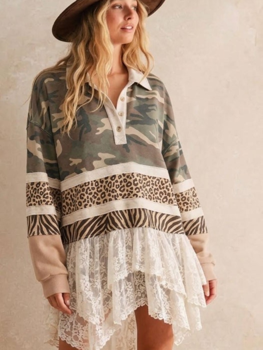 DECEMBER DROP LovLov Camo Amiral Mix Lace Trim Top